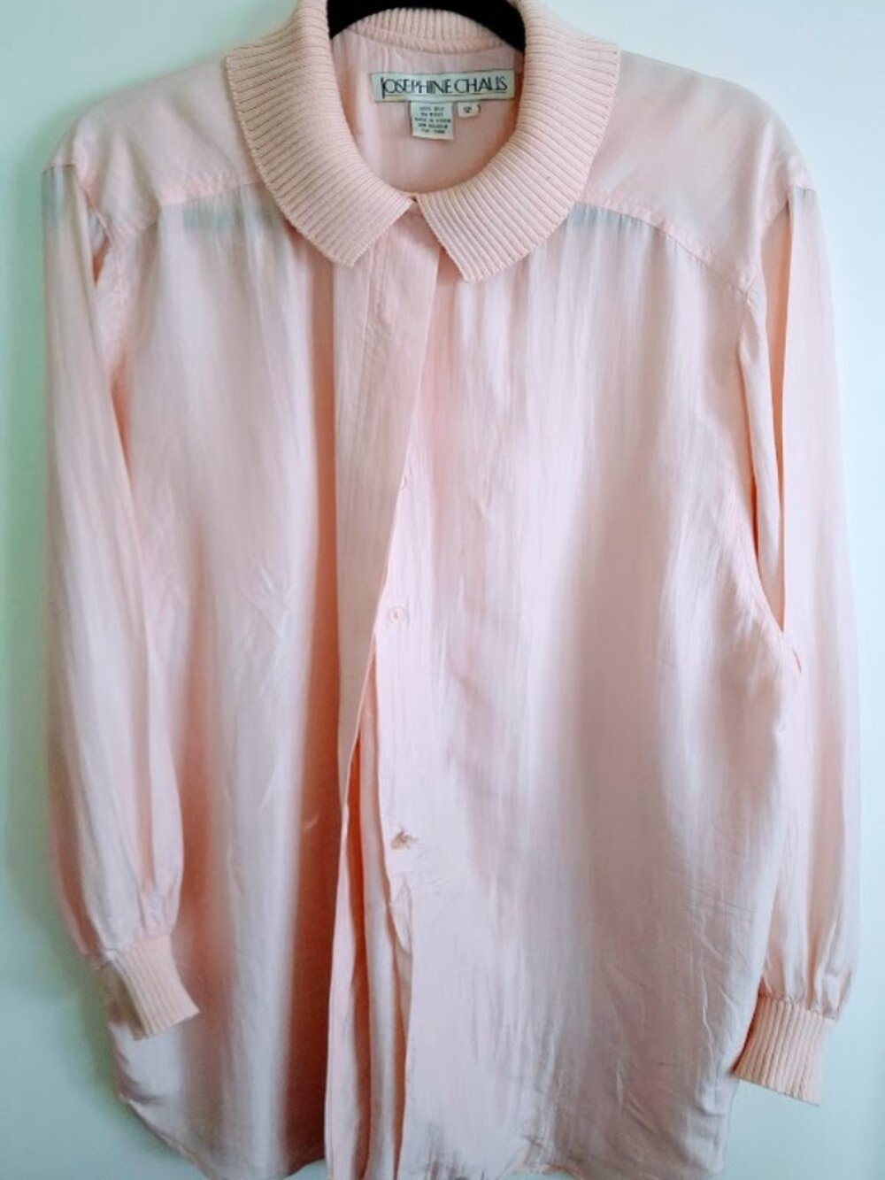 Vintage 90's Josephine Chaus Silk Blouse - Peach Ribbed Knit Collar and Cuffs 12